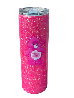 Custom Painted Pink Swear Bear Stainless Skinny Tumbler w/Sliding Lid and Straw- 30 Oz