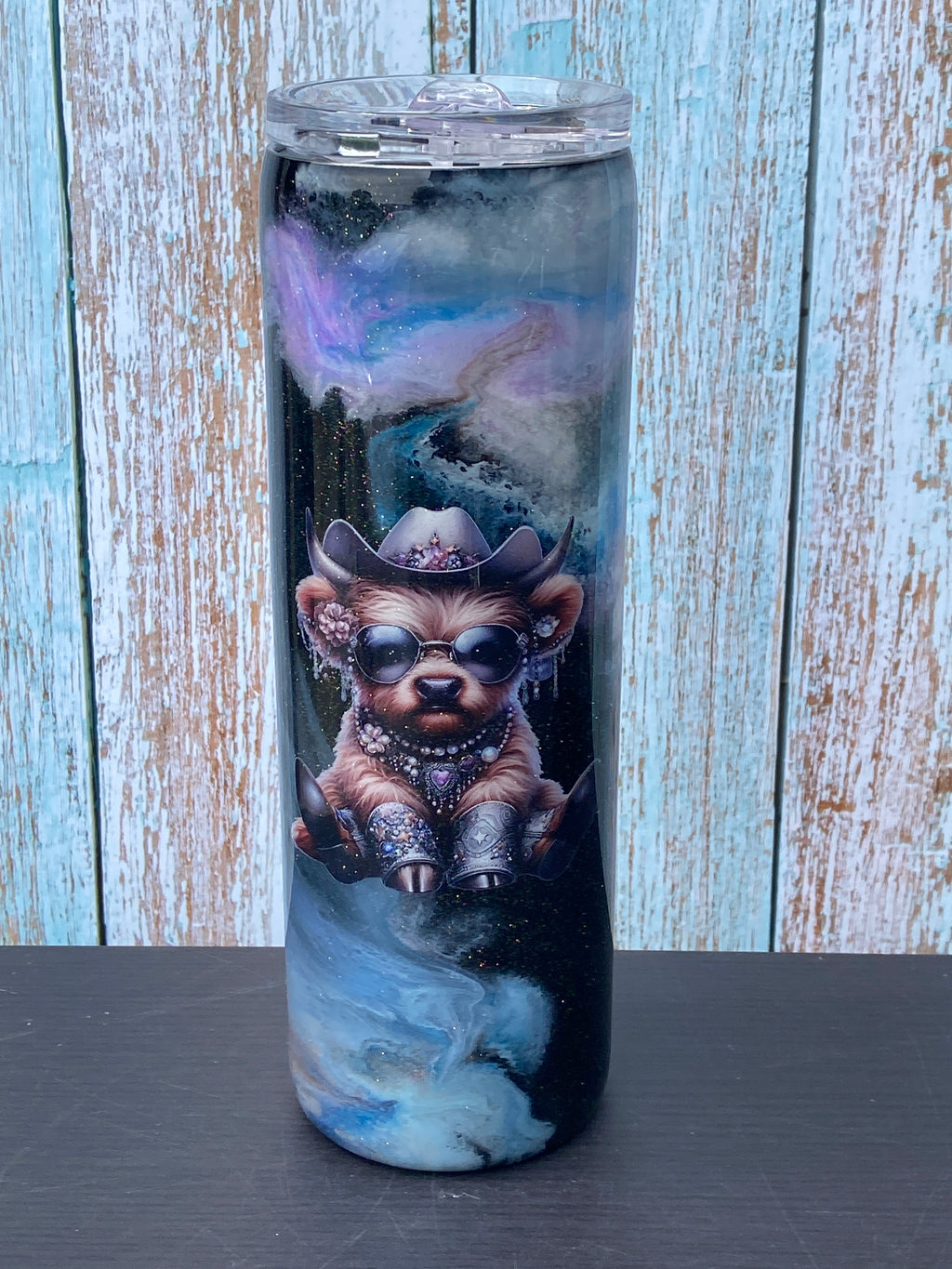 Custom Painted Galaxy Cow Stainless Skinny Tumbler w/Sliding Lid and Straw- 30 Oz
