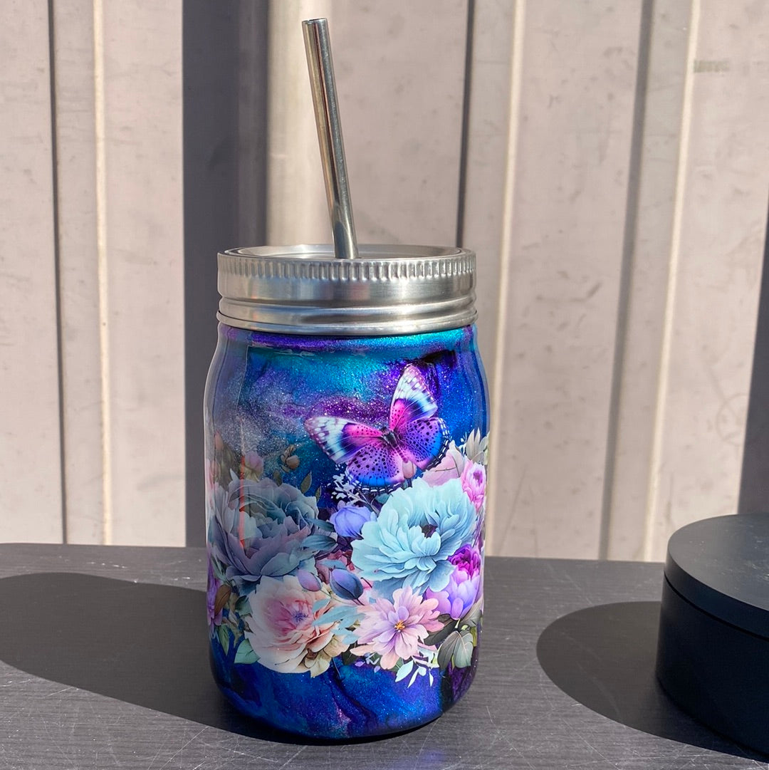 Custom Painted Purple Butterfly Floral Stainless Steel Mason Jar Tumbler - 12 Oz