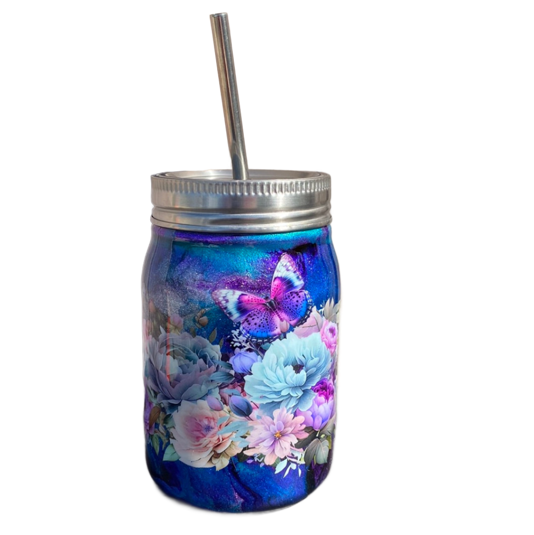 Custom Painted Purple Butterfly Floral Stainless Steel Mason Jar Tumbler - 12 Oz