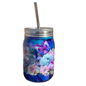 Custom Painted Purple Butterfly Floral Stainless Steel Mason Jar Tumbler - 12 Oz