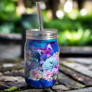 Custom Painted Purple Butterfly Floral Stainless Steel Mason Jar Tumbler - 12 Oz