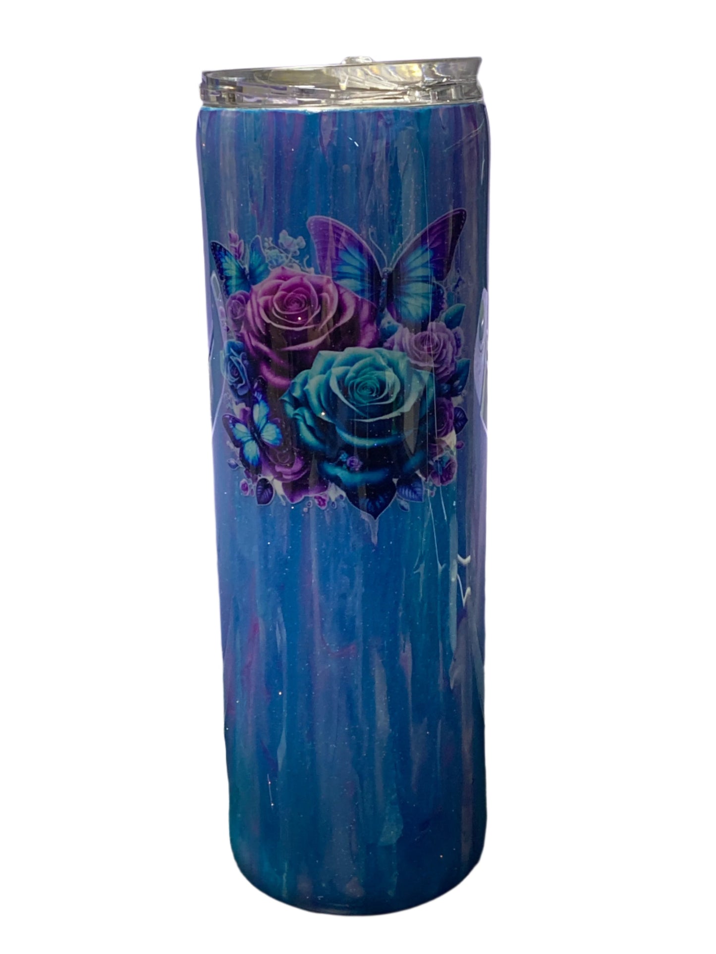 Custom Painted Teal Floral Stainless Skinny Tumbler w/Sliding Lid and Straw- 30 Oz