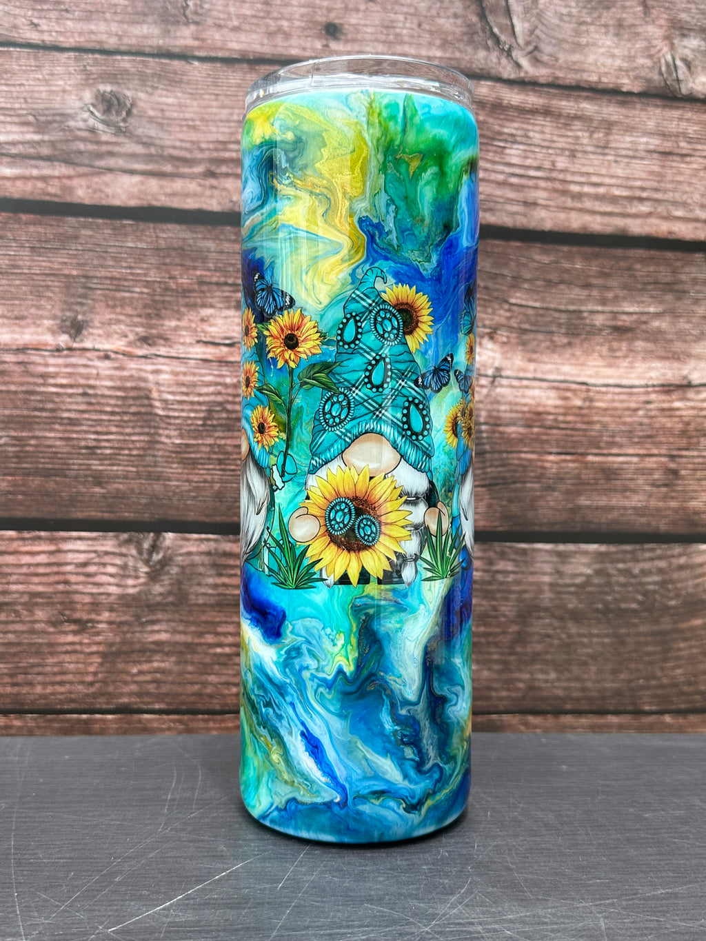 Custom Painted 3 Blue Gnomes Stainless Skinny Tumbler w/Sliding Lid and Straw- 30 Oz