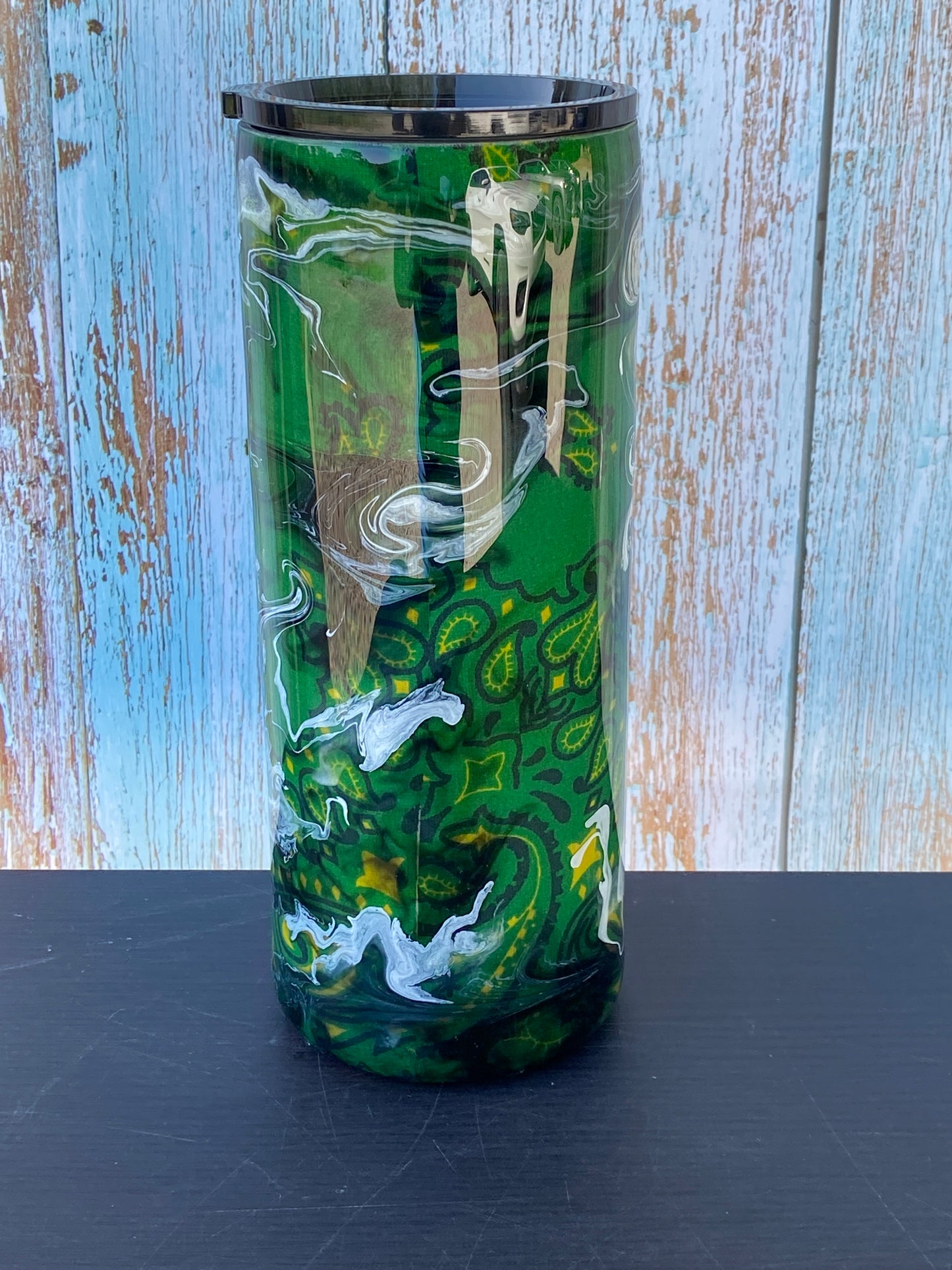 Hand Painted Green Bandana Swirl Stainless Fatty Tumbler w/Sliding Lid and Straw- 30 Oz