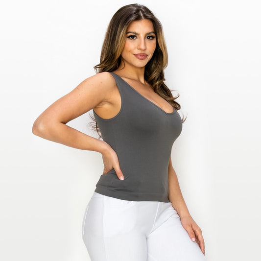 Lady's Seamless Hip Length Tank With Reversible Neckline