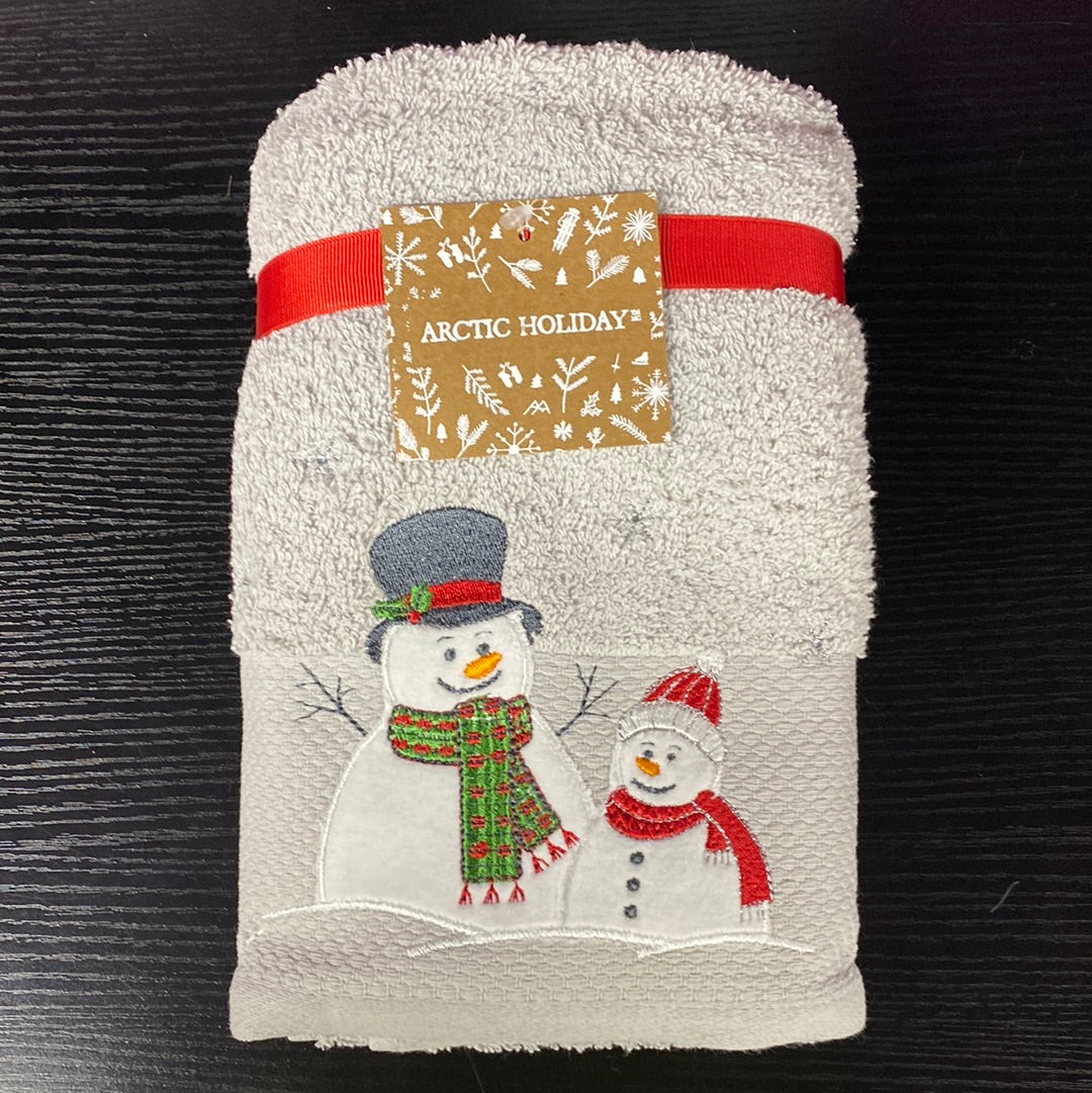 2 SNOWMEN WHITE HAND TOWELS 2PC