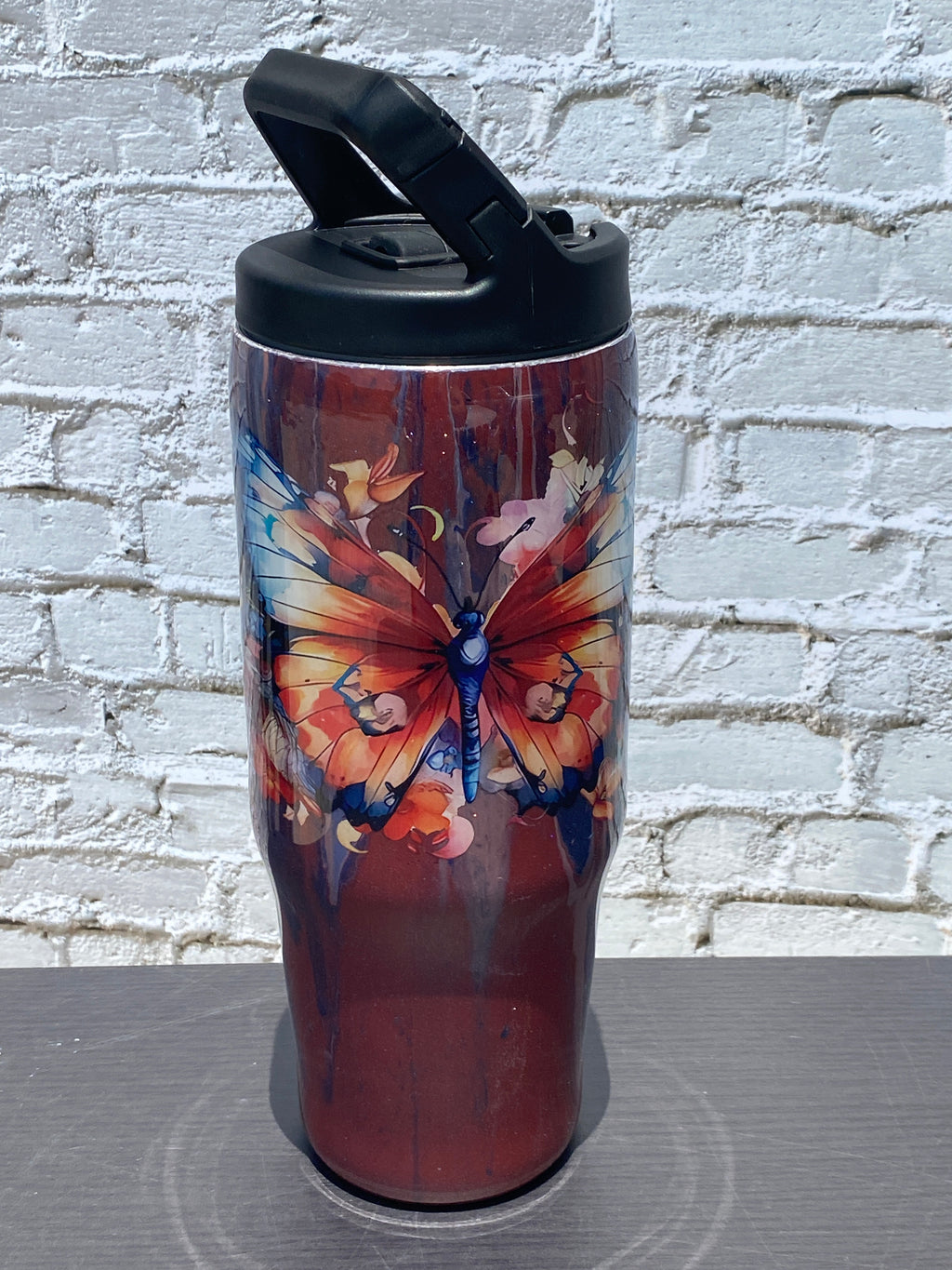 Hand Painted Burnt Orange Butterfly Stainless Clip Mate Hydro Bottle w/Lid and Straw- 30 Oz