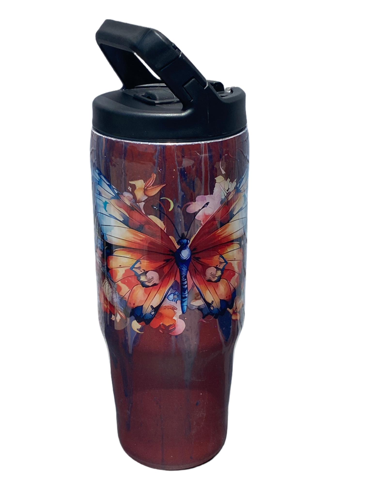 Hand Painted Burnt Orange Butterfly Stainless Clip Mate Hydro Bottle w/Lid and Straw- 30 Oz