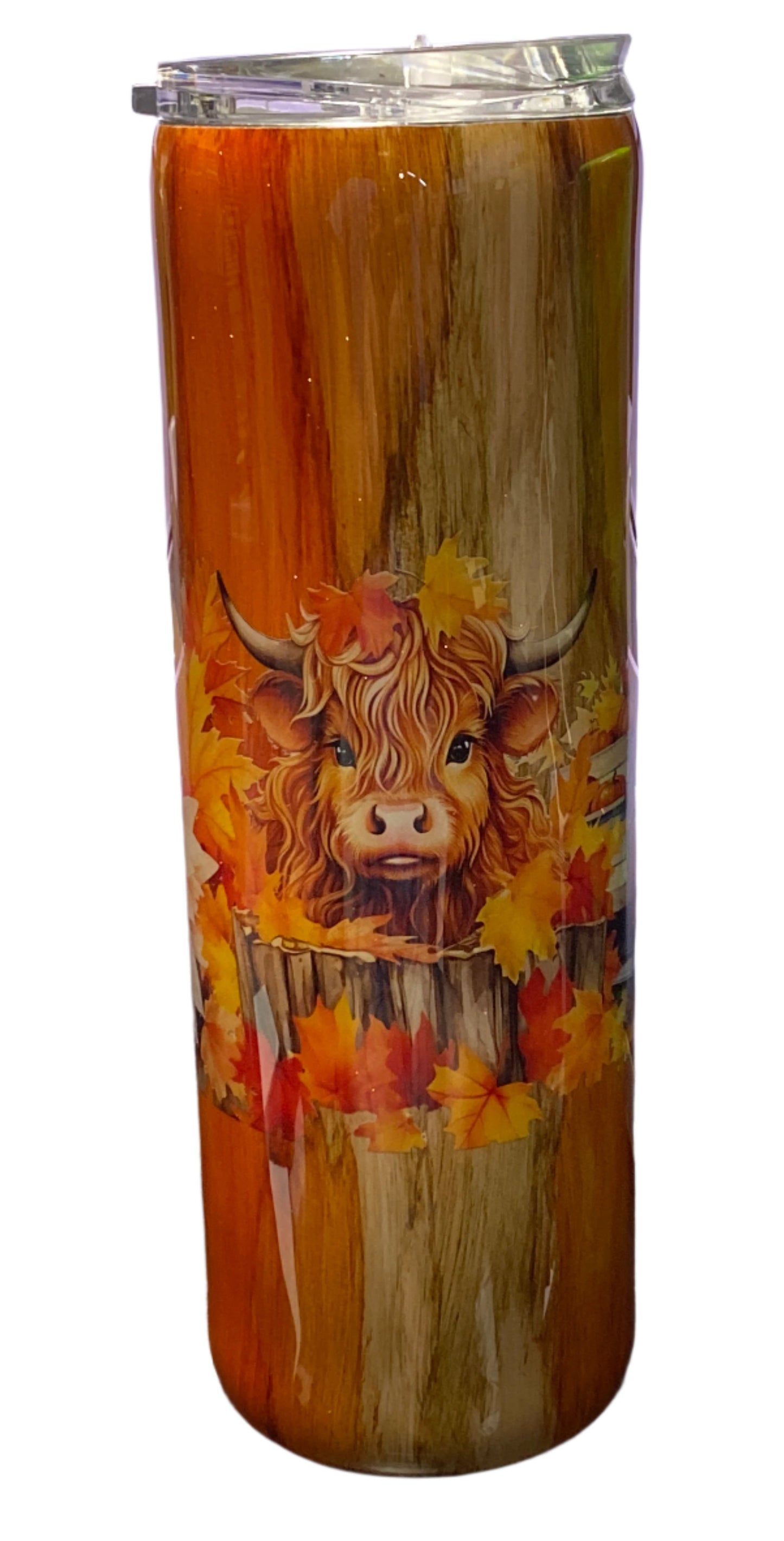 Custom Painted Orange Cow Stainless Skinny Tumbler w/Sliding Lid and Straw- 30 Oz