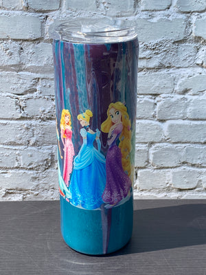 Custom Painted Princesses Stainless Skinny Tumbler w/Sliding Lid and Straw- 20 Oz