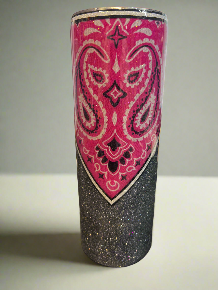 Custom Painted Pink Bandana & Charcoal Glitter Stainless Skinny Tumbler w/Sliding Lid and Straw- 30 Oz