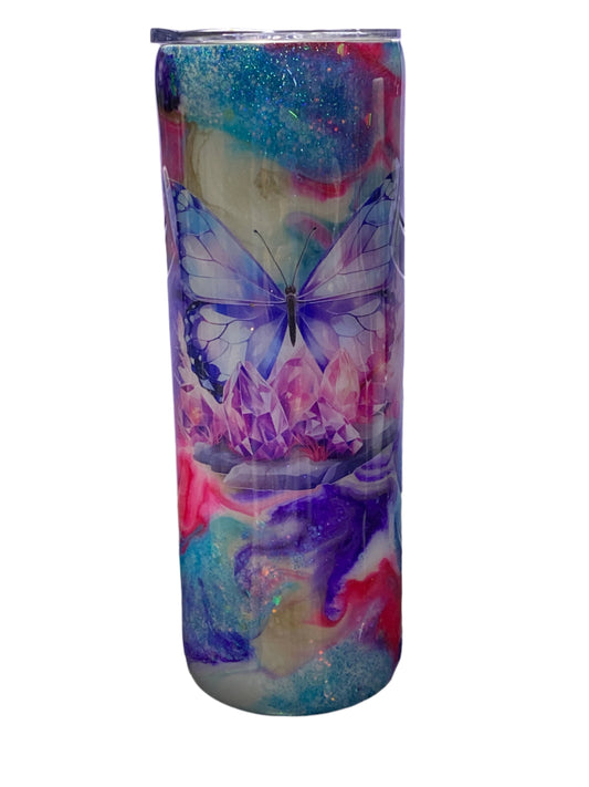 Custom Painted Butterfly Swirl Stainless Skinny Tumbler w/Sliding Lid and Straw- 20 Oz