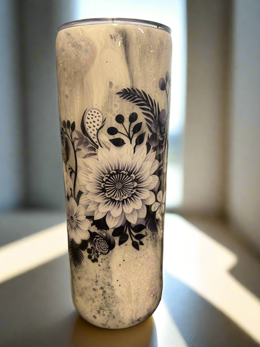 Custom Black/White Floral Marble Stainless Skinny Tumbler w/Sliding Lid and Straw- 20 Oz