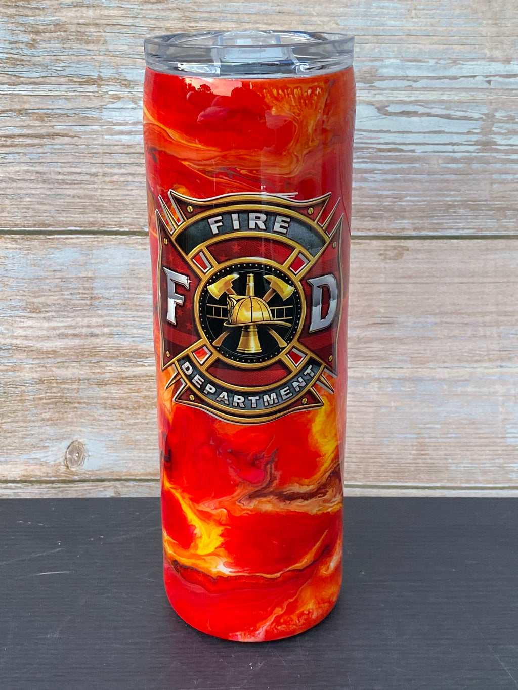 Custom Painted Fire Dept Stainless Skinny Tumbler w/Sliding Lid and Straw- 30 Oz