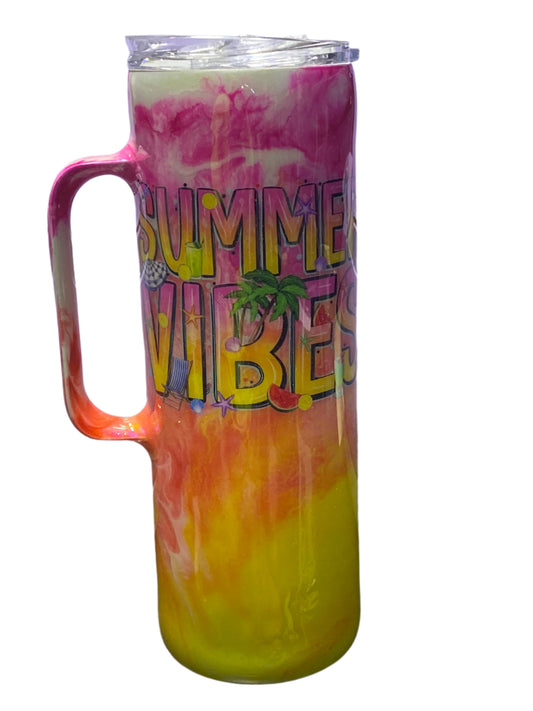 Custom Painted Summer Vibes Stainless Skinny Handle Tumbler w/Sliding Lid and Straw- 20 Oz