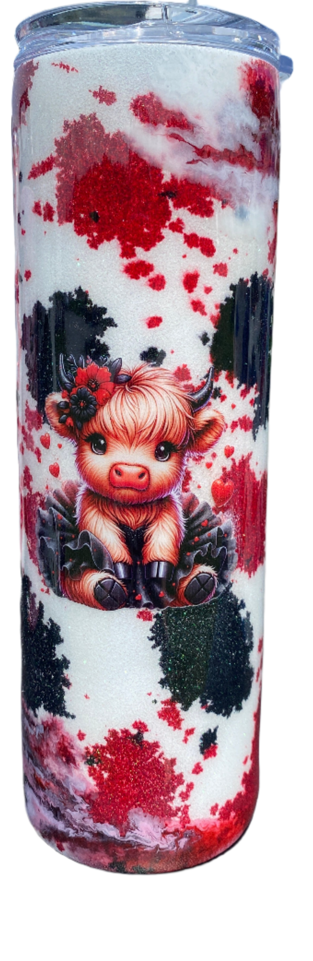 Custom Painted Red Black Cow Stainless Skinny Tumbler w/Sliding Lid and Straw- 30 Oz