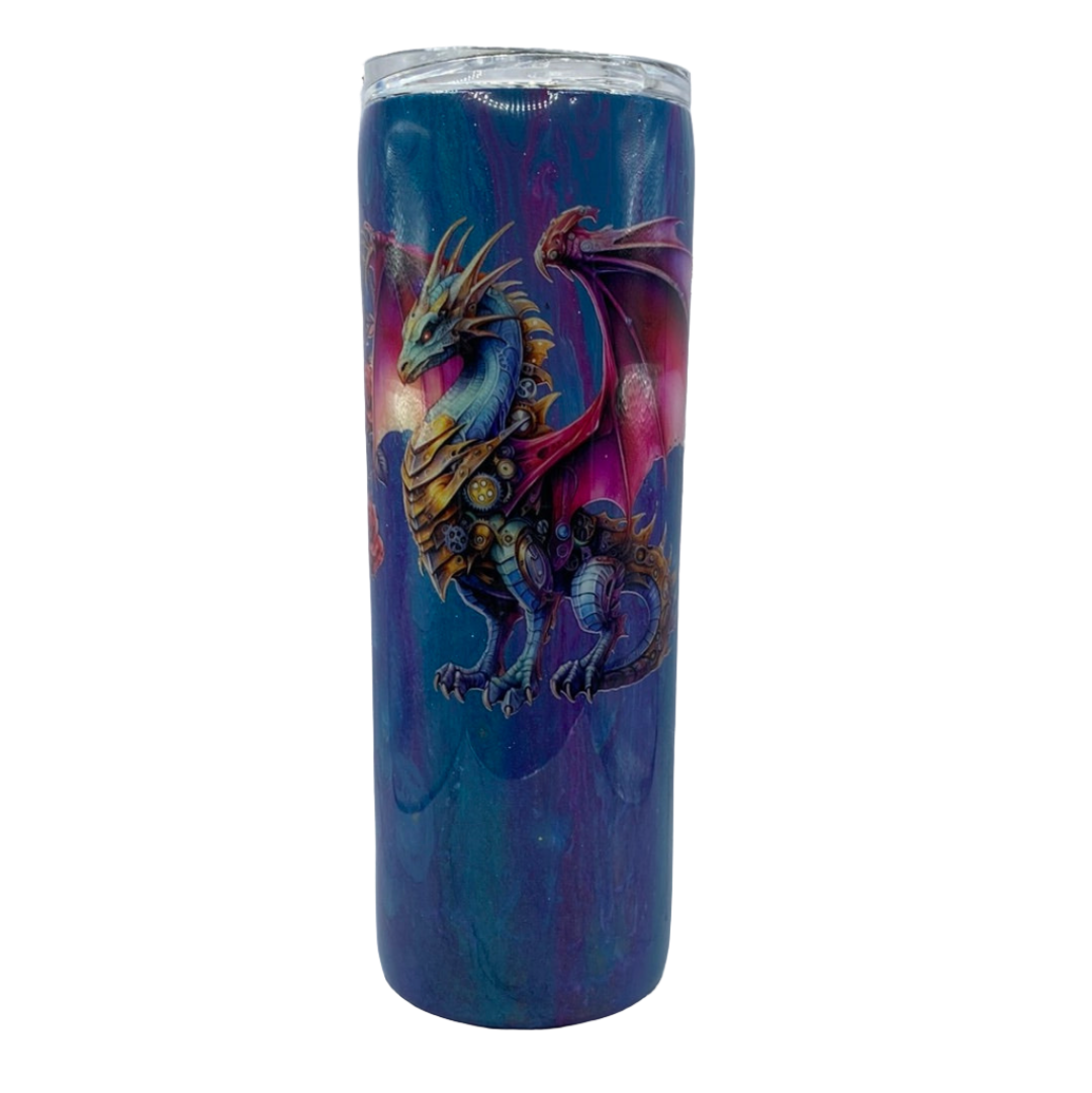 Custom Painted Glitter Purple Dragon Stainless Skinny Tumbler w/Sliding Lid and Straw- 20 Oz