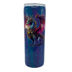 Custom Painted Glitter Purple Dragon Stainless Skinny Tumbler w/Sliding Lid and Straw- 20 Oz