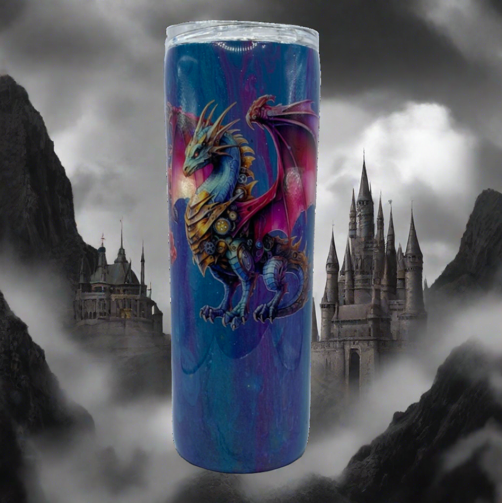 Custom Painted Glitter Purple Dragon Stainless Skinny Tumbler w/Sliding Lid and Straw- 20 Oz