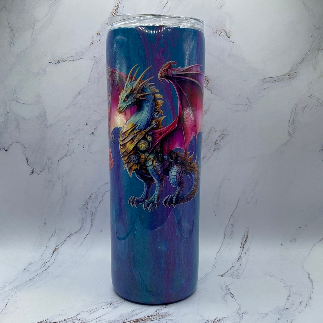 Custom Painted Glitter Purple Dragon Stainless Skinny Tumbler w/Sliding Lid and Straw- 20 Oz