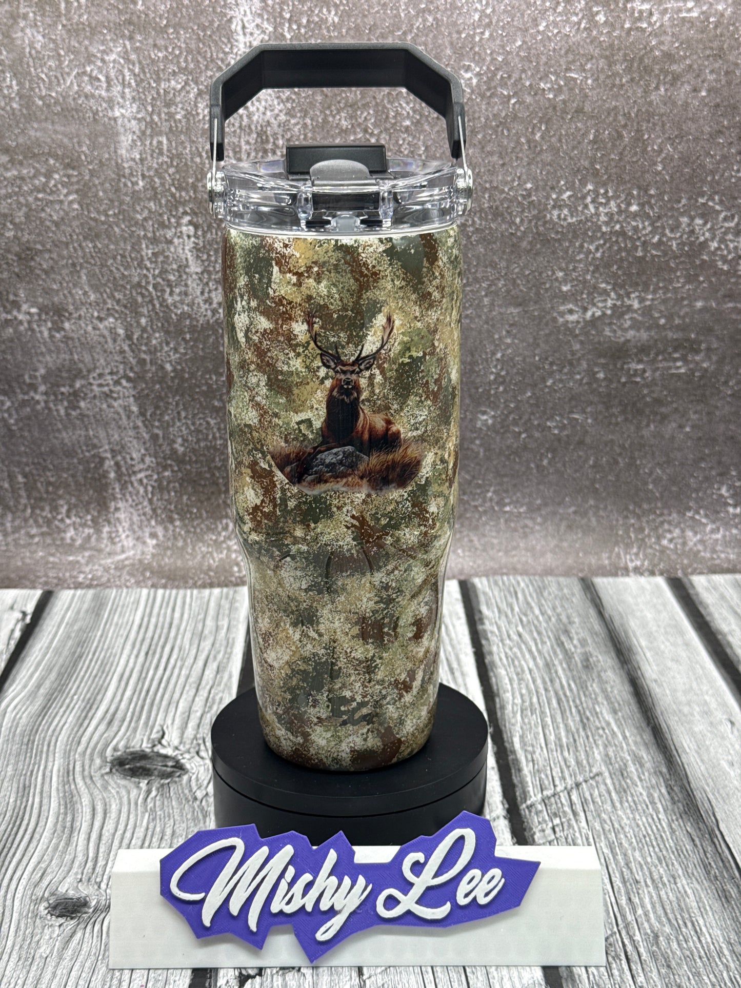 Custom Painted Camo Deer Stainless Tri-Sip Tumbler w/Clear Screw-On Lid, Black Handle and Straw- 30 Oz