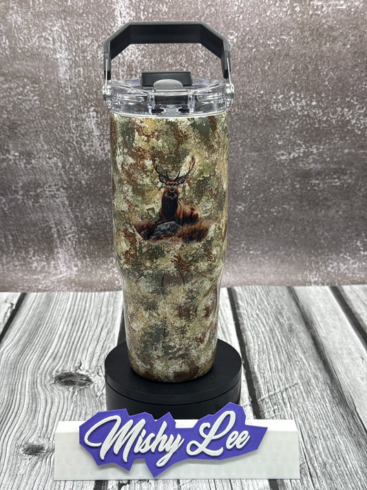 Custom Painted Camo Deer Stainless Tri-Sip Tumbler w/Clear Screw-On Lid, Black Handle and Straw- 30 Oz