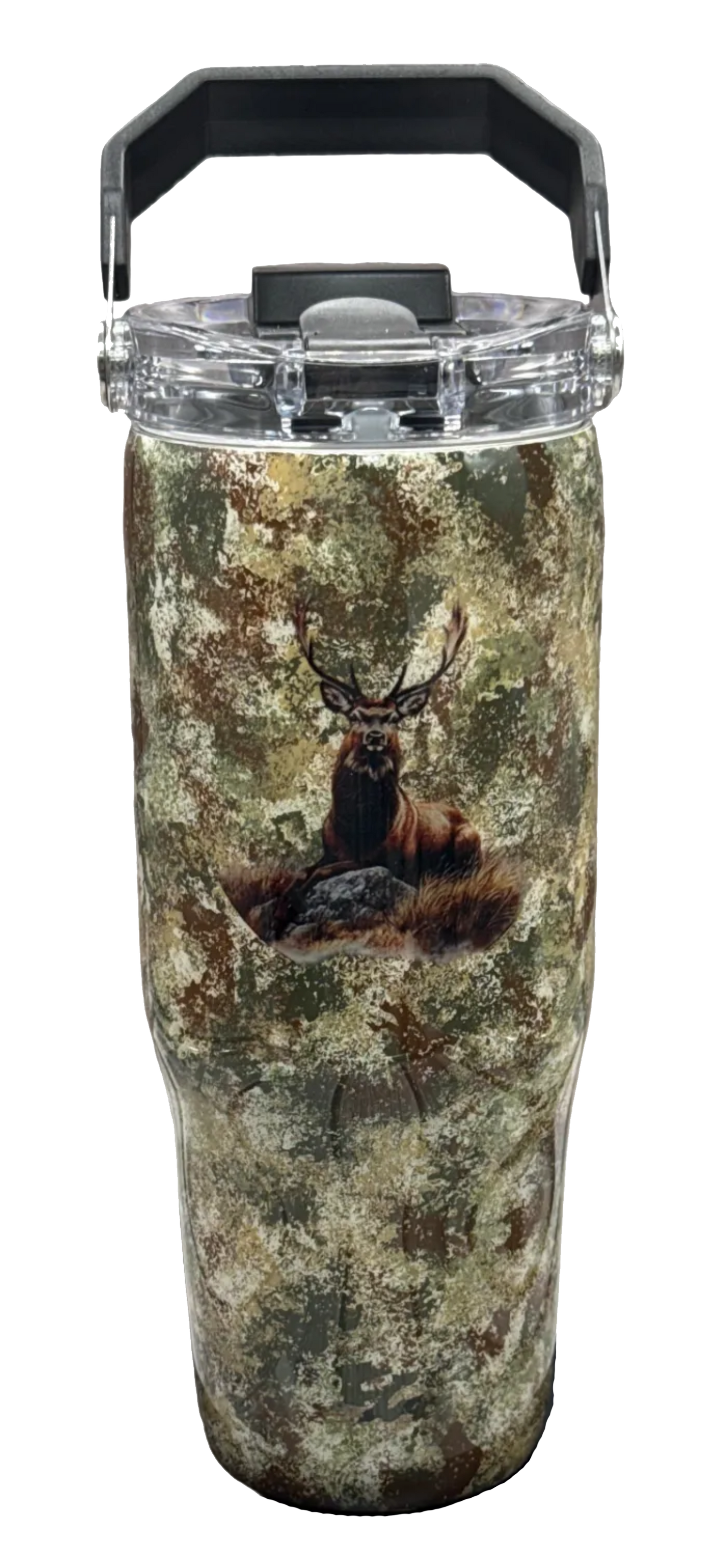 Custom Painted Camo Deer Stainless Tri-Sip Tumbler w/Clear Screw-On Lid, Black Handle and Straw- 30 Oz