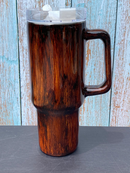 Hand Painted Dark Brown Woodgrain Cow Stainless Steel Traveler Tumbler - 40 Oz