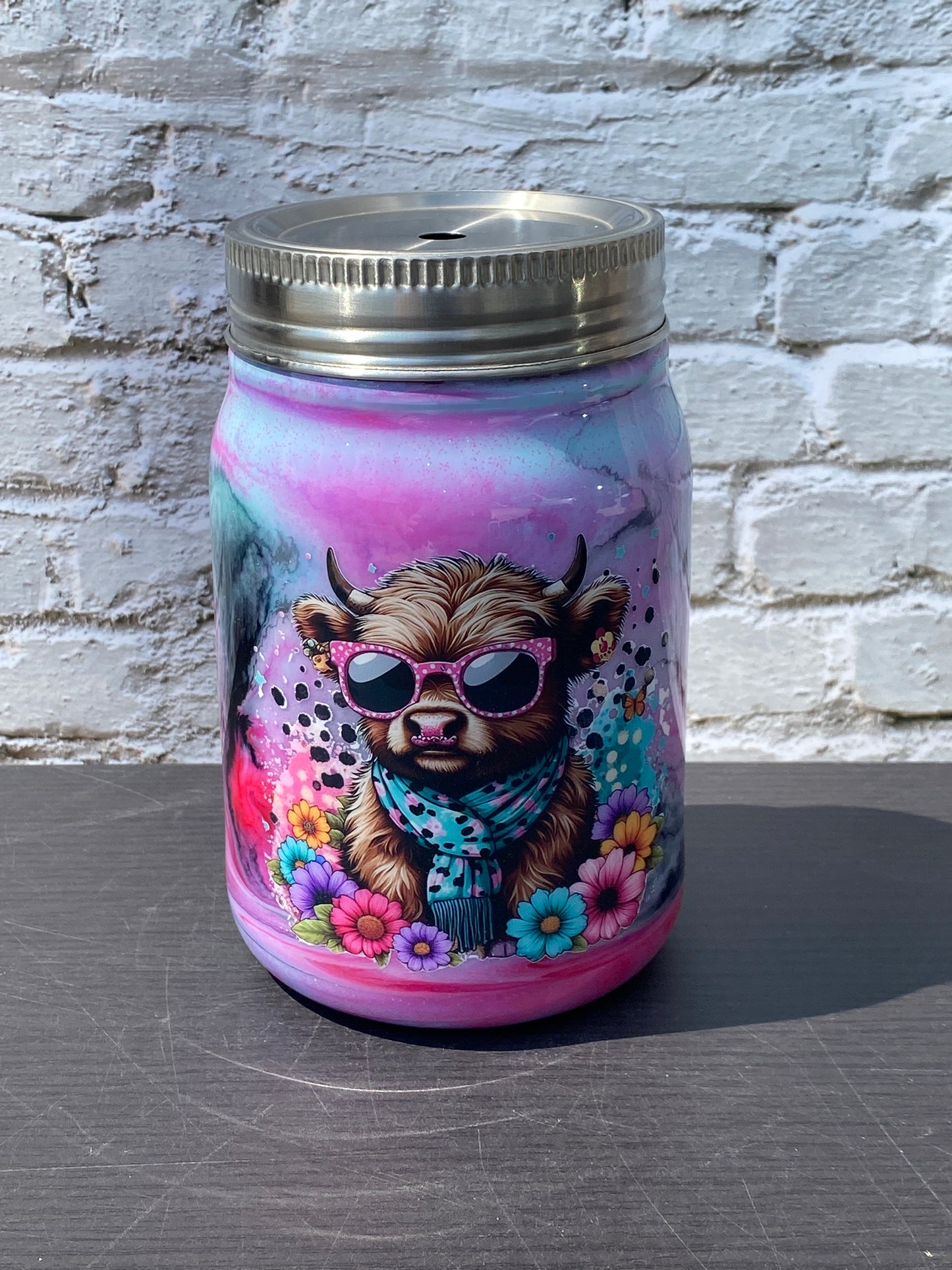 Custom Painted Cool Cow Stainless Steel Mason Jar Tumbler - 12 Oz