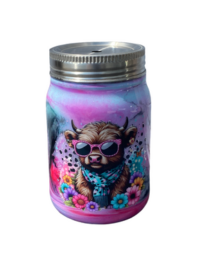 Custom Painted Cool Cow Stainless Steel Mason Jar Tumbler - 12 Oz