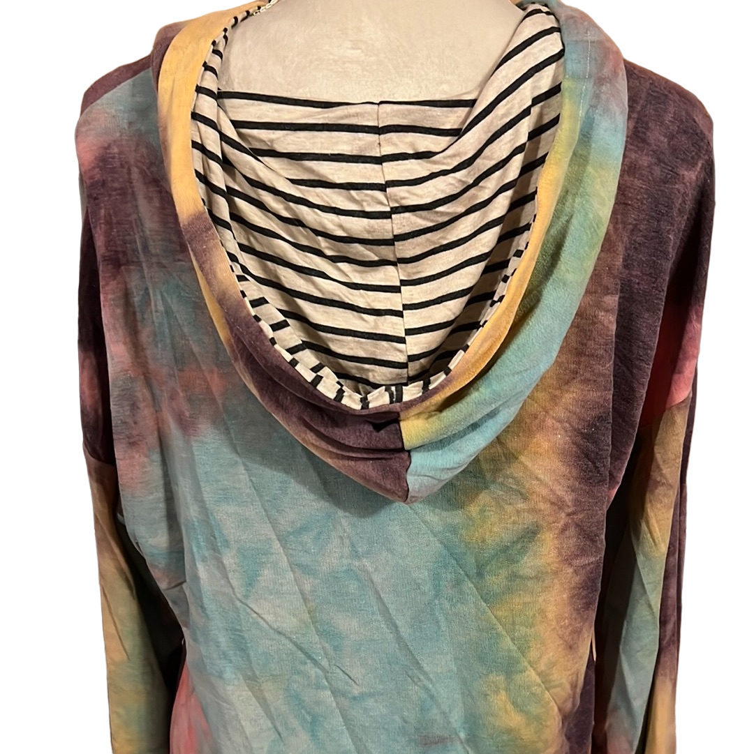 LONG SLEEVE TIE DYE CONTRAST STRIPE PRINT HOODIE TOP
