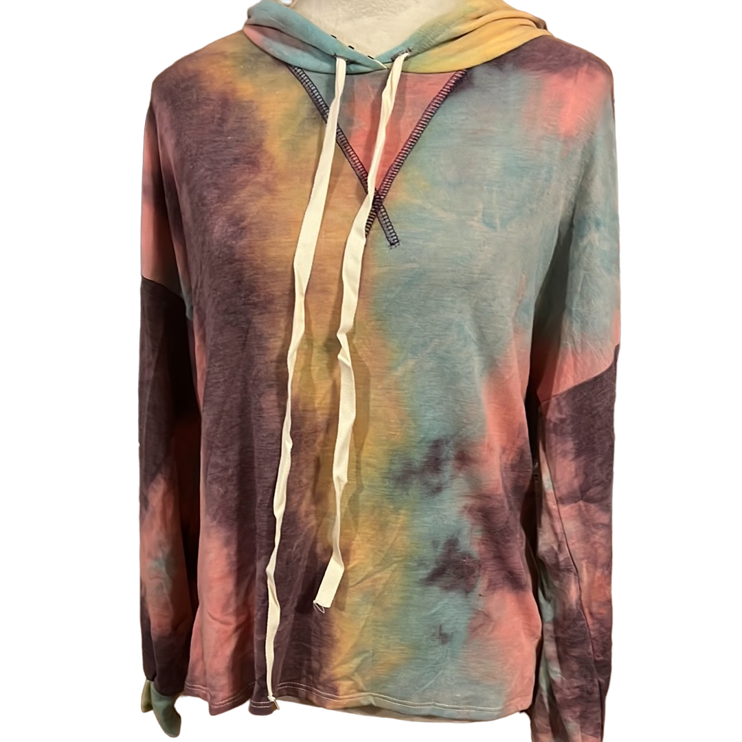 LONG SLEEVE TIE DYE CONTRAST STRIPE PRINT HOODIE TOP