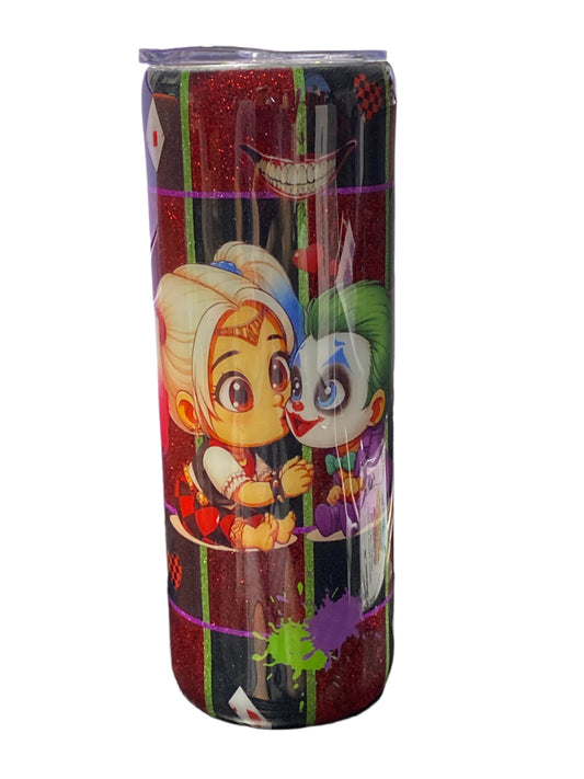 Custom Painted Joker Couple Stainless Skinny Tumbler w/Sliding Lid and Straw- 20 Oz