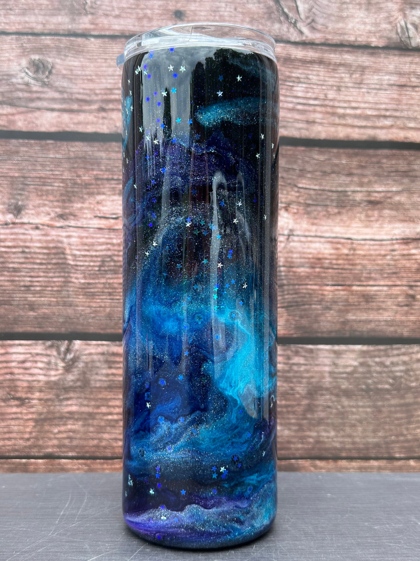 Custom Painted Galaxy Stars Stainless Skinny Tumbler w/Sliding Lid and Straw- 30 Oz