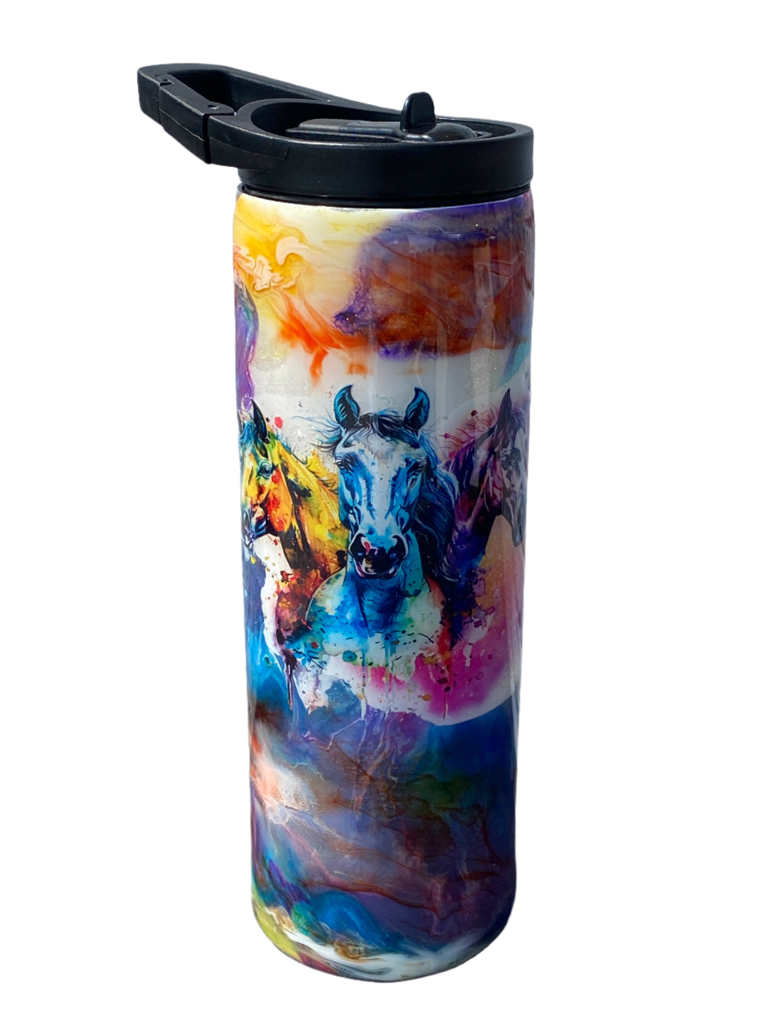 Custom Painted Purple Horses Stainless Skinny Tumbler w/Duo Lid Set and Straw- 20 Oz