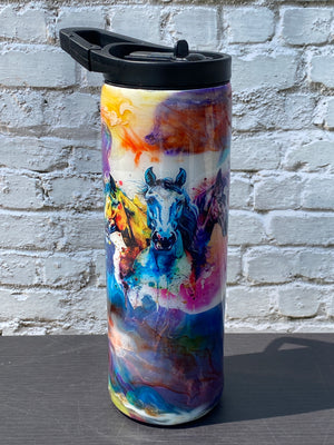 Custom Painted Purple Horses Stainless Skinny Tumbler w/Duo Lid Set and Straw- 20 Oz