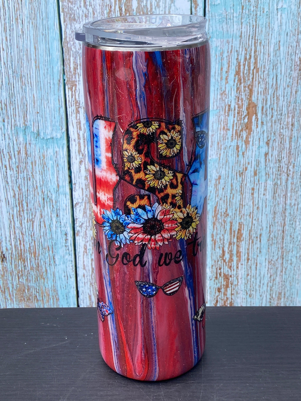 Custom Painted USA In Trust Stainless Skinny Tumbler w/Sliding Lid and Straw- 30 Oz