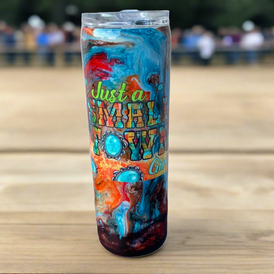 Custom Painted Small Town Girl Stainless Skinny Tumbler w/Sliding Lid and Straw- 30 Oz