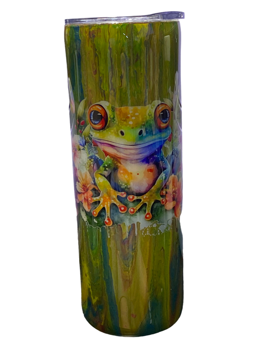 Custom Painted Green Frog Stainless Skinny Tumbler w/Sliding Lid and Straw- 20 Oz