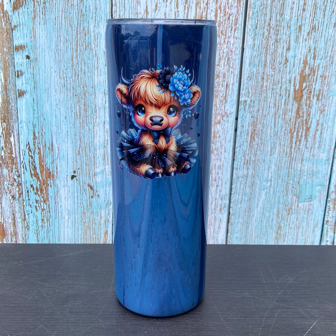 Custom Painted Blue Cow Floral Stainless Skinny Tumbler w/Sliding Lid and Straw- 20 Oz