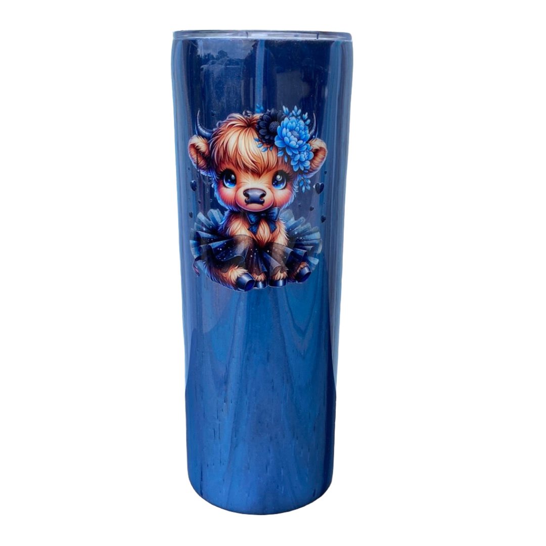 Custom Painted Blue Cow Floral Stainless Skinny Tumbler w/Sliding Lid and Straw- 20 Oz