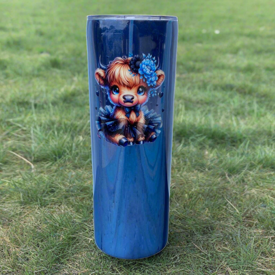 Custom Painted Blue Cow Floral Stainless Skinny Tumbler w/Sliding Lid and Straw- 20 Oz