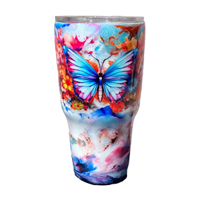 Custom Painted Blue Pink Butterfly Stainless Classic Curve Tumbler - 30 Oz