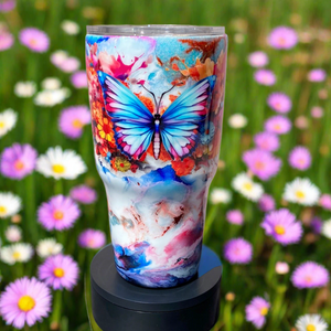 Custom Painted Blue Pink Butterfly Stainless Classic Curve Tumbler - 30 Oz