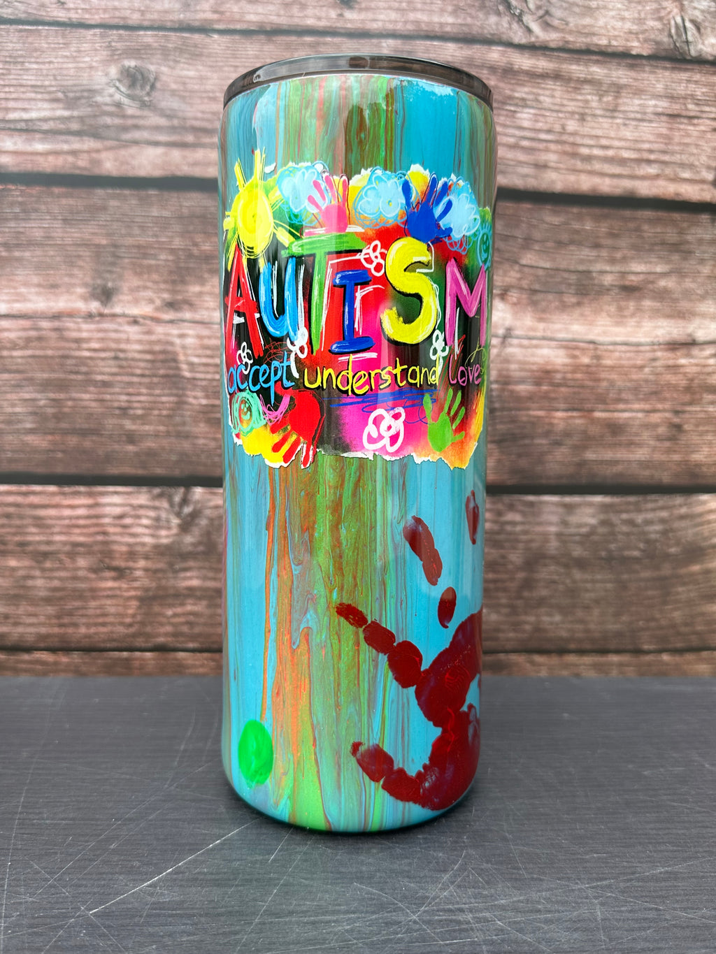 Hand Painted Autism Handprints Stainless Fatty Tumbler w/Sliding Lid and Straw- 30 Oz