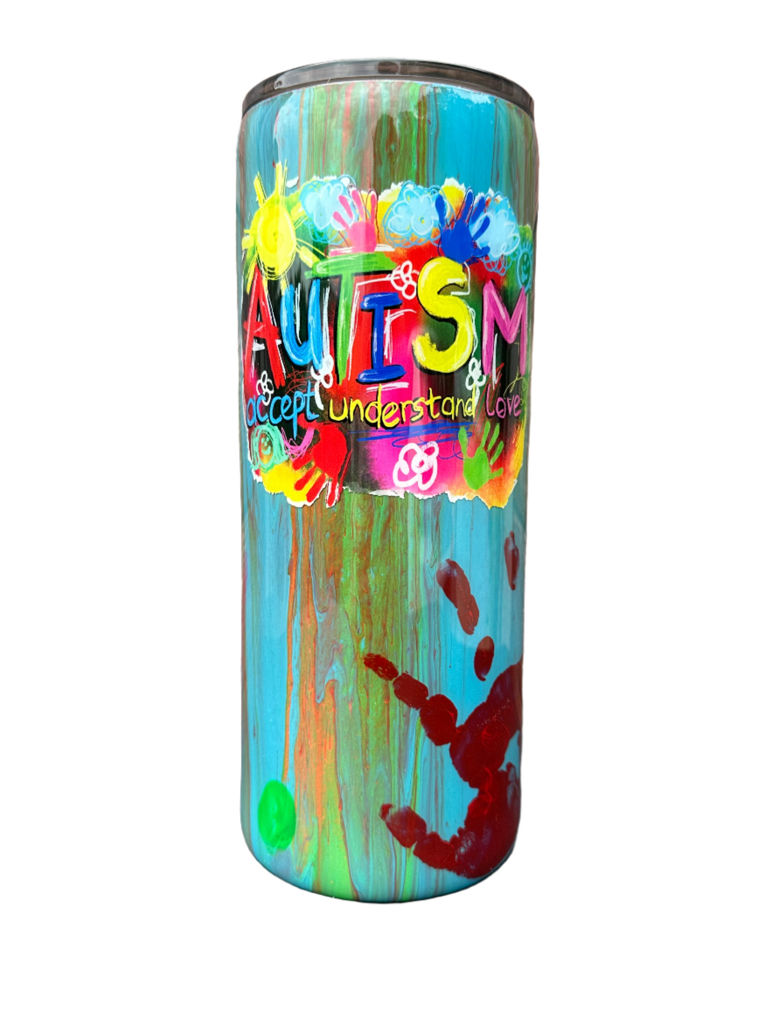 Hand Painted Autism Handprints Stainless Fatty Tumbler w/Sliding Lid and Straw- 30 Oz