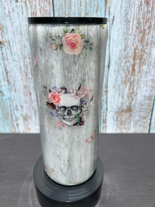 Hand Painted White Marble Skull Stainless Fatty Tumbler w/Sliding Lid and Straw- 30 Oz