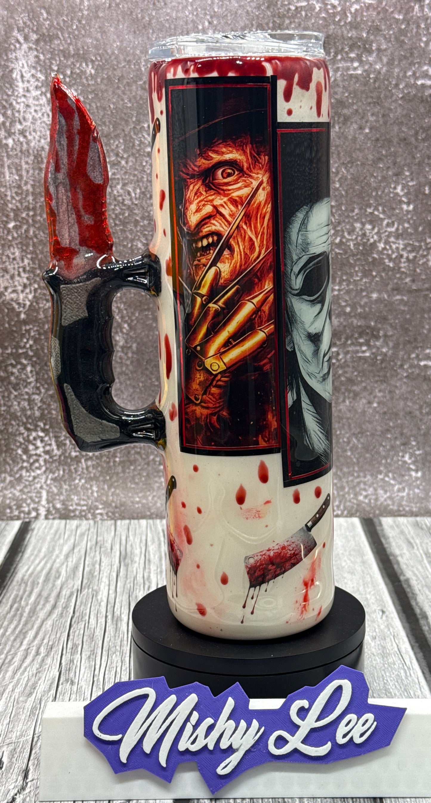 Custom Painted Horror Fans Stainless Skinny Tumbler w/Sliding Lid and Straw- 35 Oz