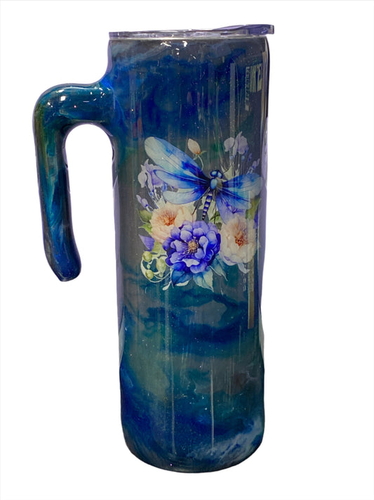 Custom Painted Blue Dragonfly Stainless Grippy Handle Tumbler w/Sliding Lid and Straw- 20 Oz